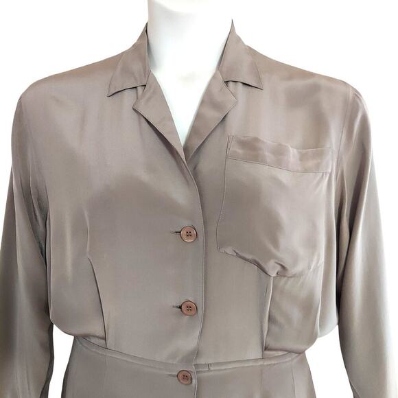 Megan Barrett VTG Taupe 100% Silk Long Sleeve Pleated Midi Length A-Line Dress - Picture 3 of 5